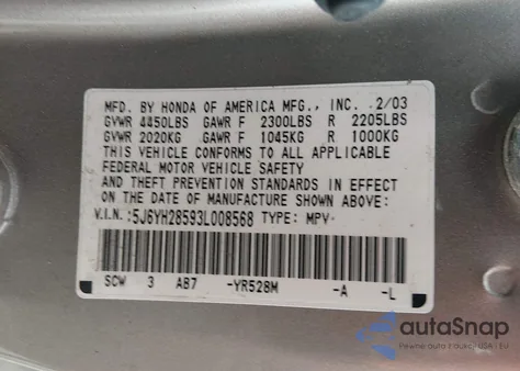 2003 Honda Element Ex из США, поврежденный, VIN 5J6YH28593L008568